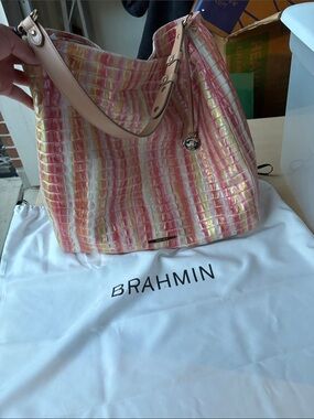 Brahmin Pink, Gold & Cream Croc-Embossed Shoulder Hobo